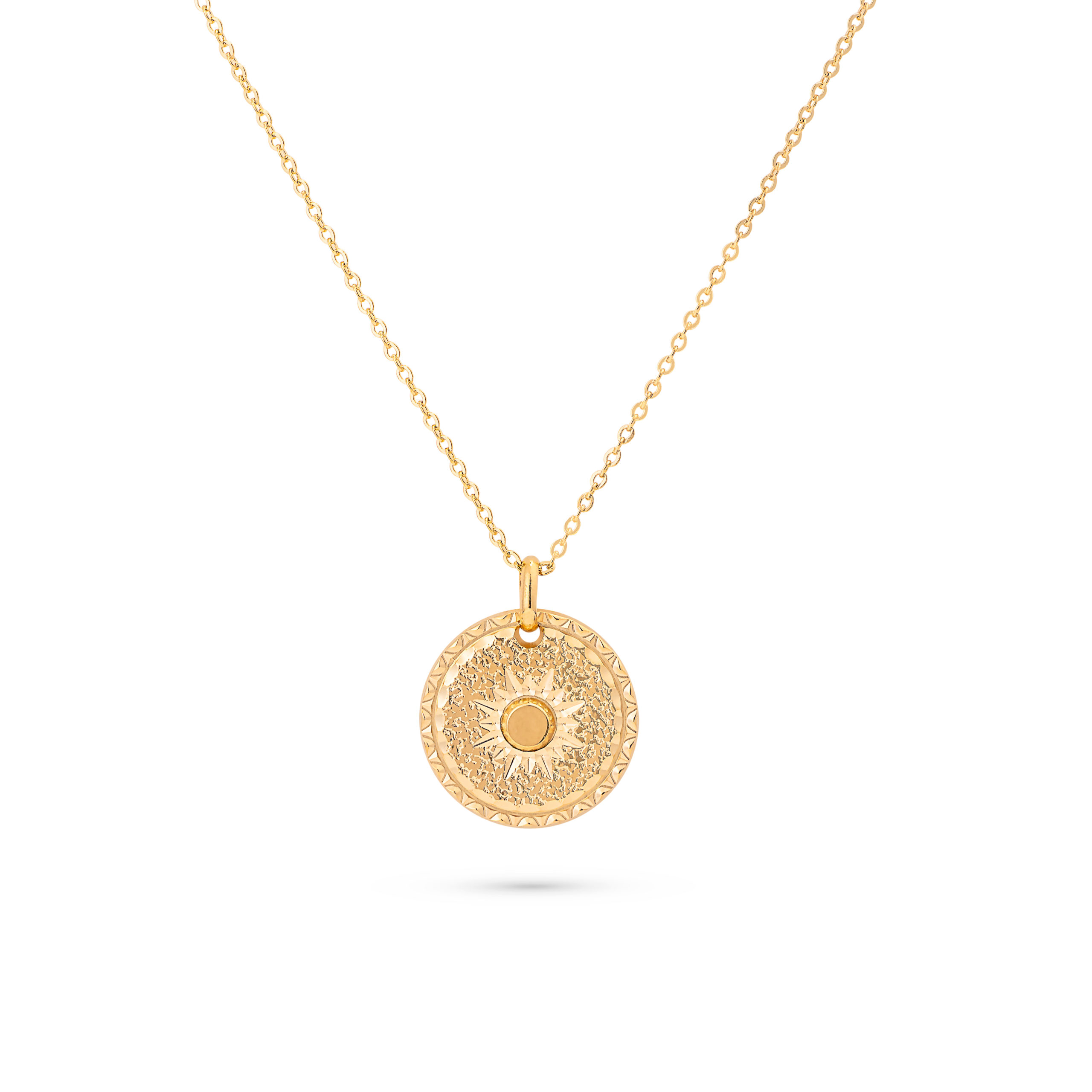 Collier Mantra Soleil laiton doré 3 microns imaginé et créé par Chloé Rose